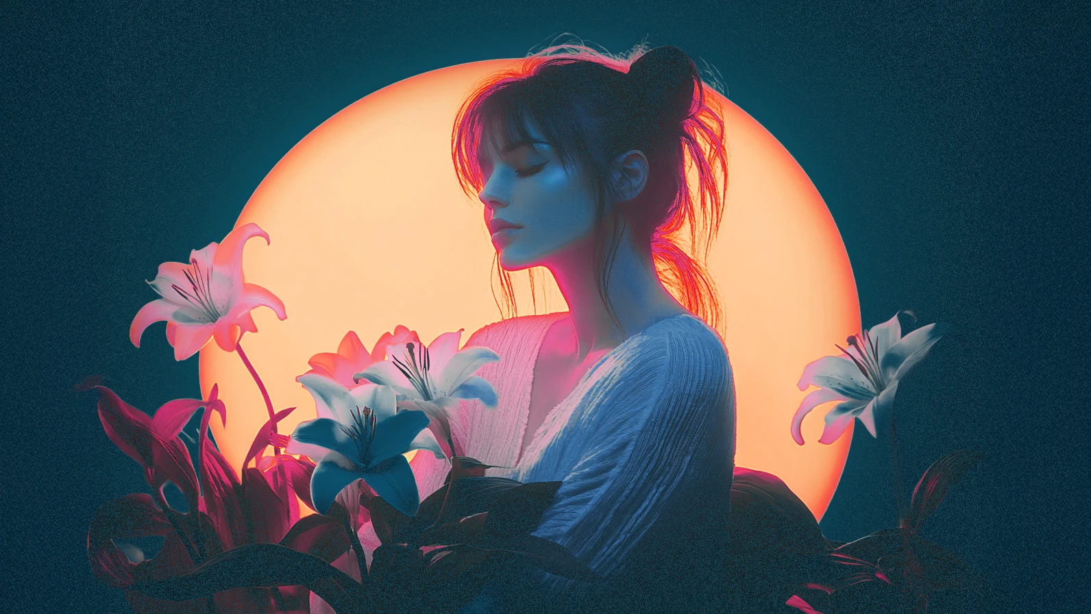 Illustrated woman with closed eyes in front of a glowing sunset moon, surrounded by white lilies