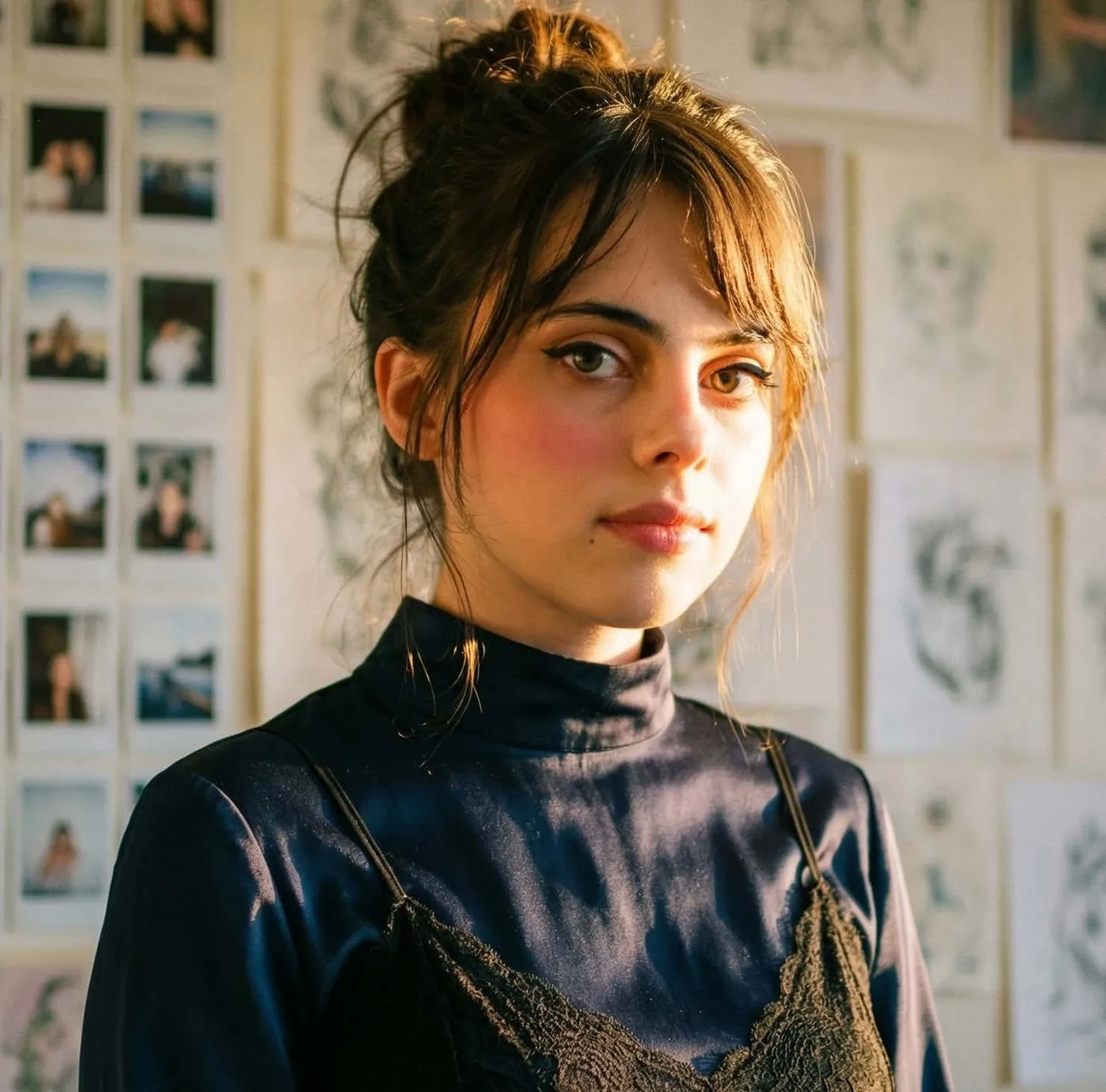 Portrait of Lily in front of a wall covered with her sketches and polaroids