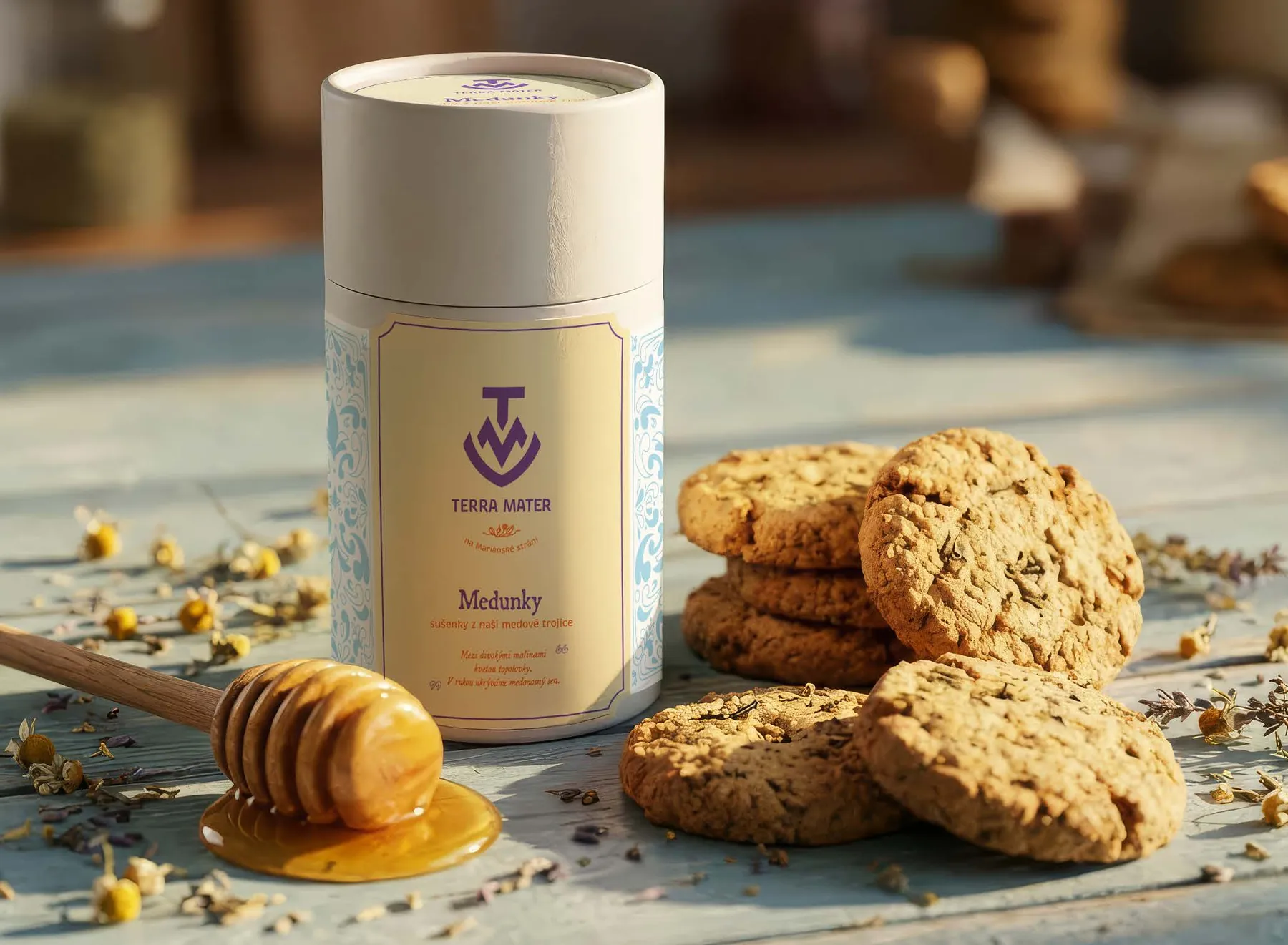 A Terra Mater tin with honey and cookies