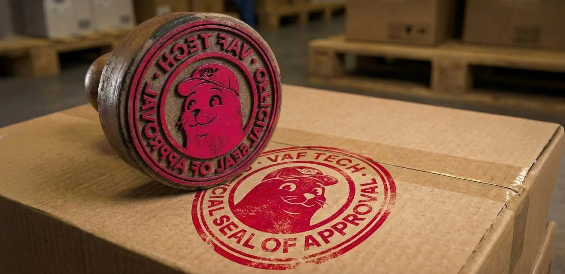 Rubber stamp with the VAF Tech seal of approval on a cardboard box