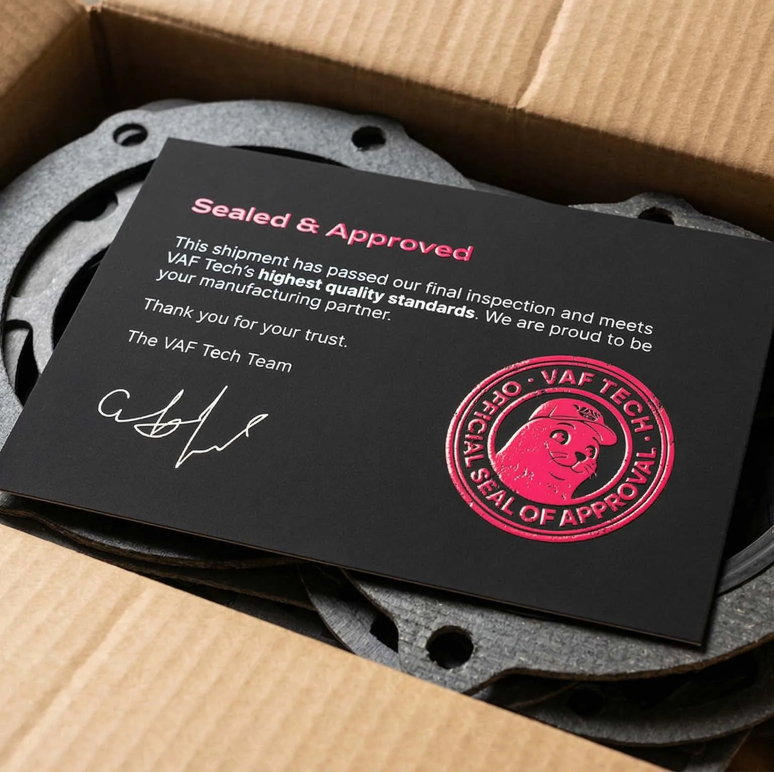 Sealed and approved thank-you card packed with a shipment of gaskets